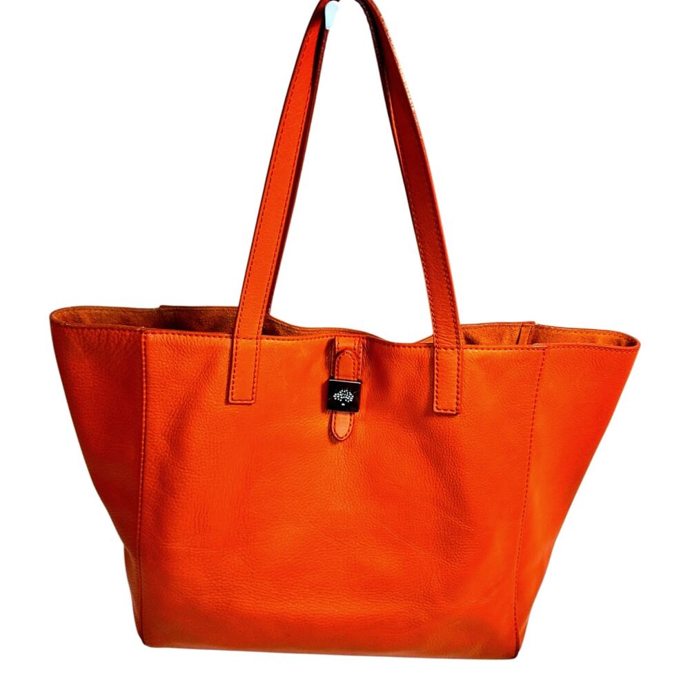 Mulberry Orange Pebbled Leather Tote Shoulder Bag Silver Hardware Suede interior